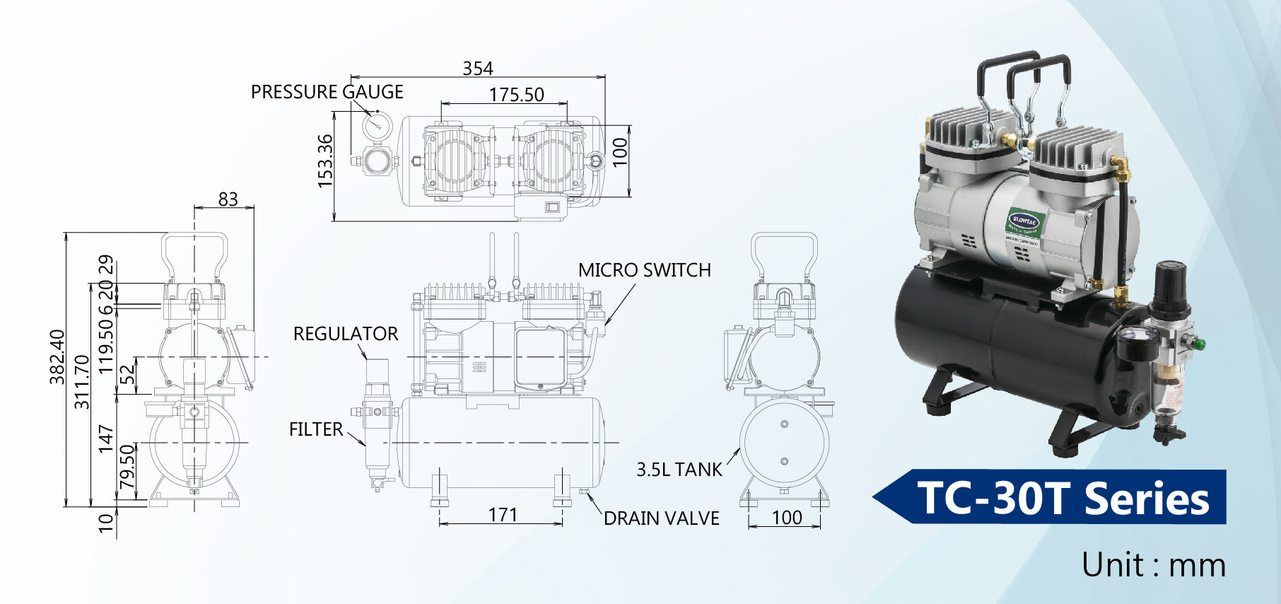 Dimensão dos Mini Compressores de Ar da Série TC-30T