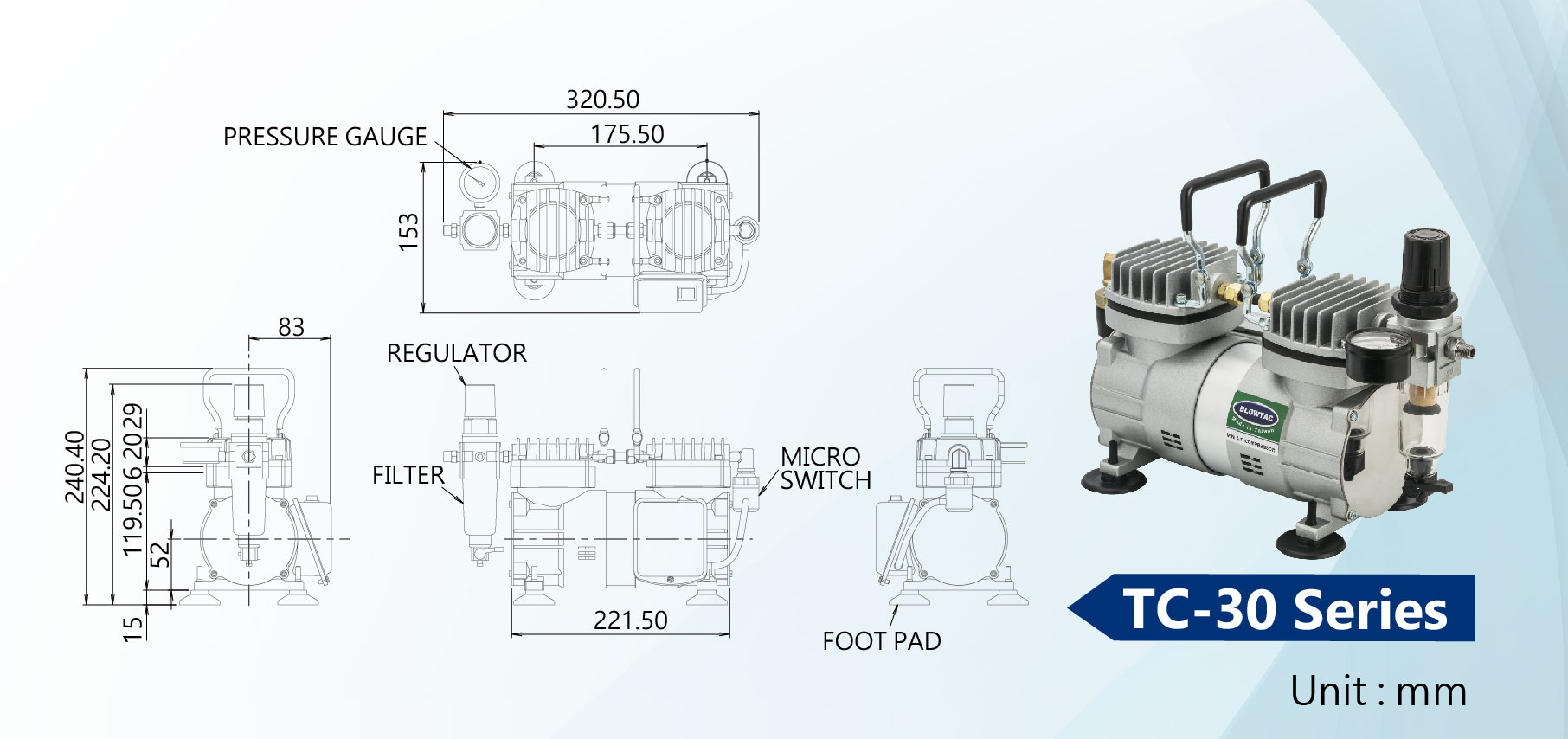 Dimensão dos Mini Compressores de Ar da Série TC-30