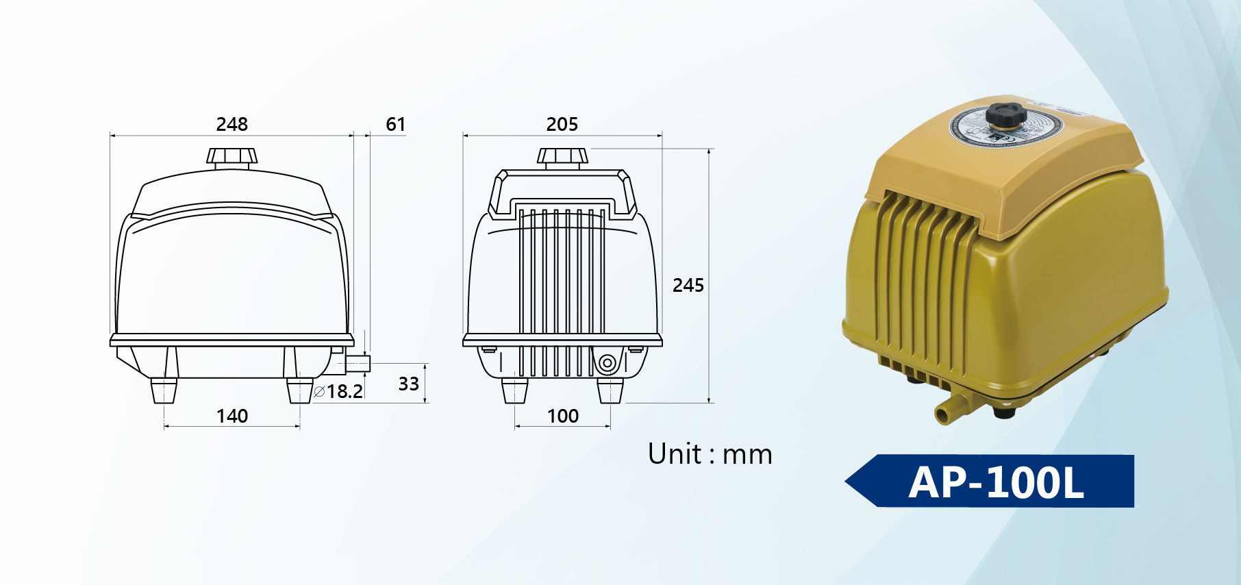 Dimension de la pompe à air linéaire AP-100L