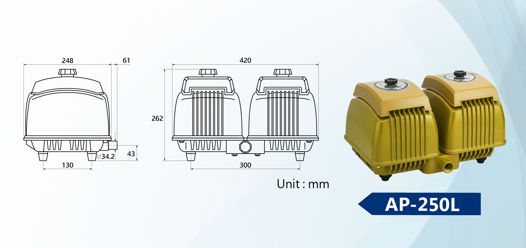 Dimensión de la bomba de aire lineal AP-250L