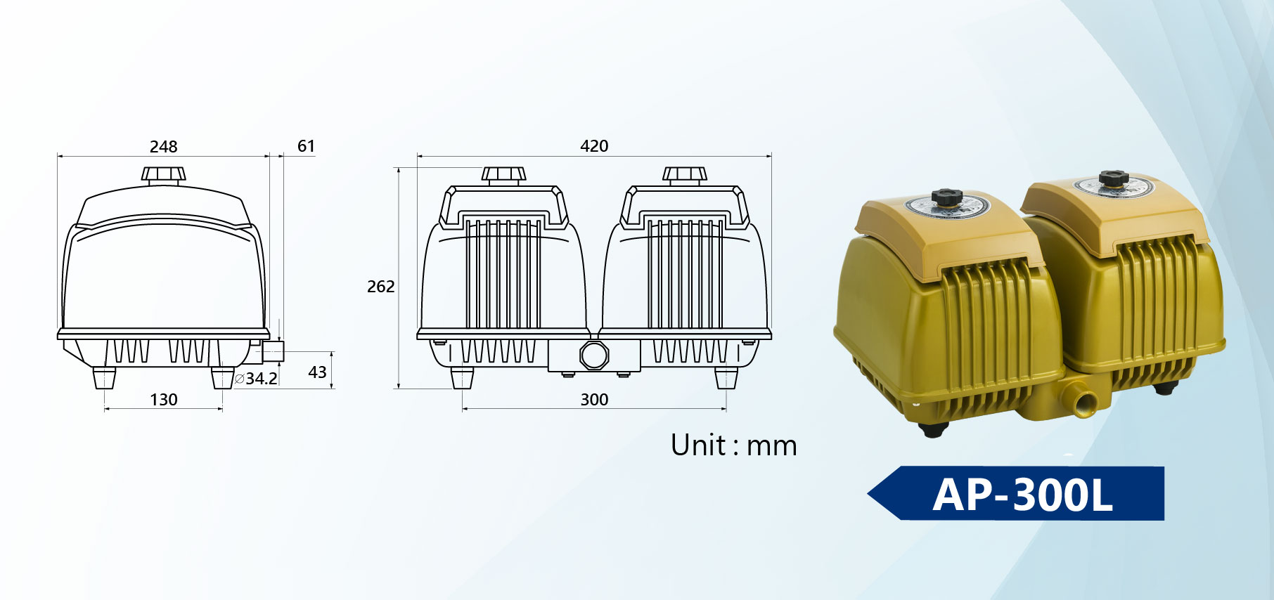 Dimensión de la bomba de aire lineal AP-300L