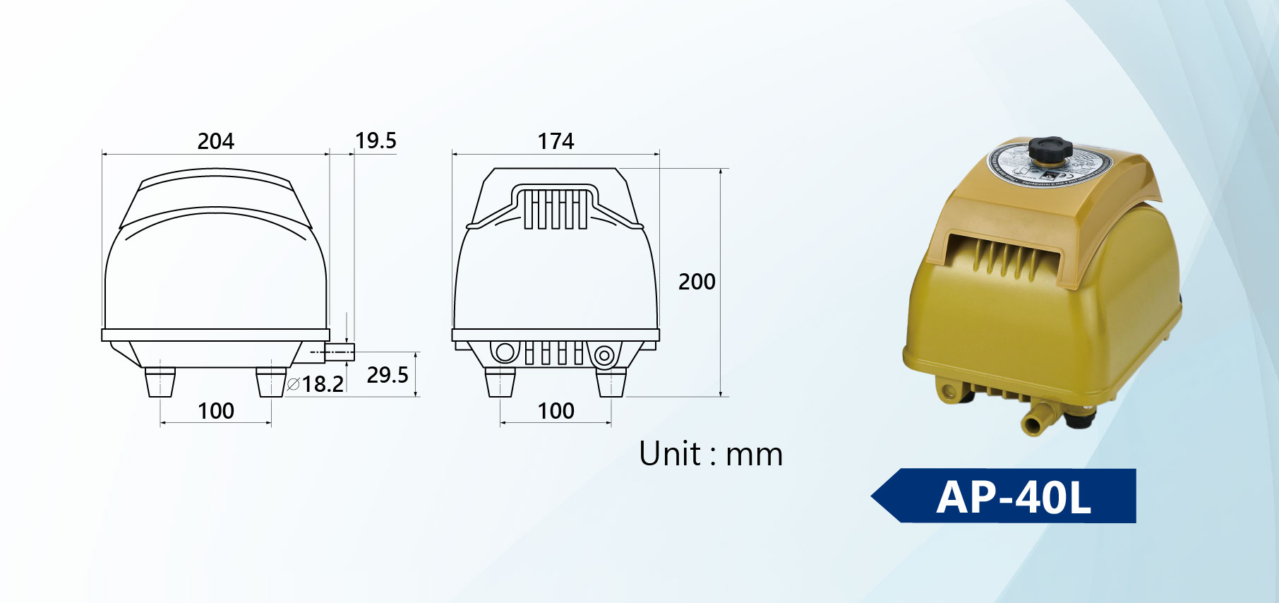 أبعاد مضخة الهواء الخطية AP-40L