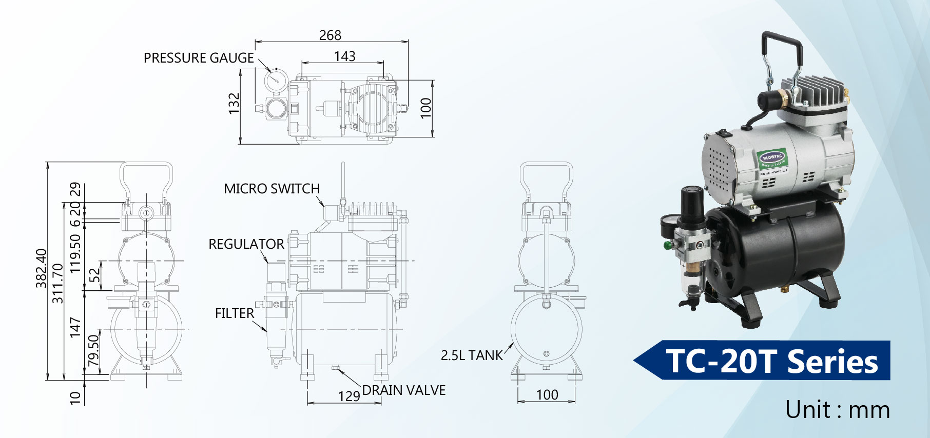 Dimensi Kompresor Udara Mini Seri TC-20T