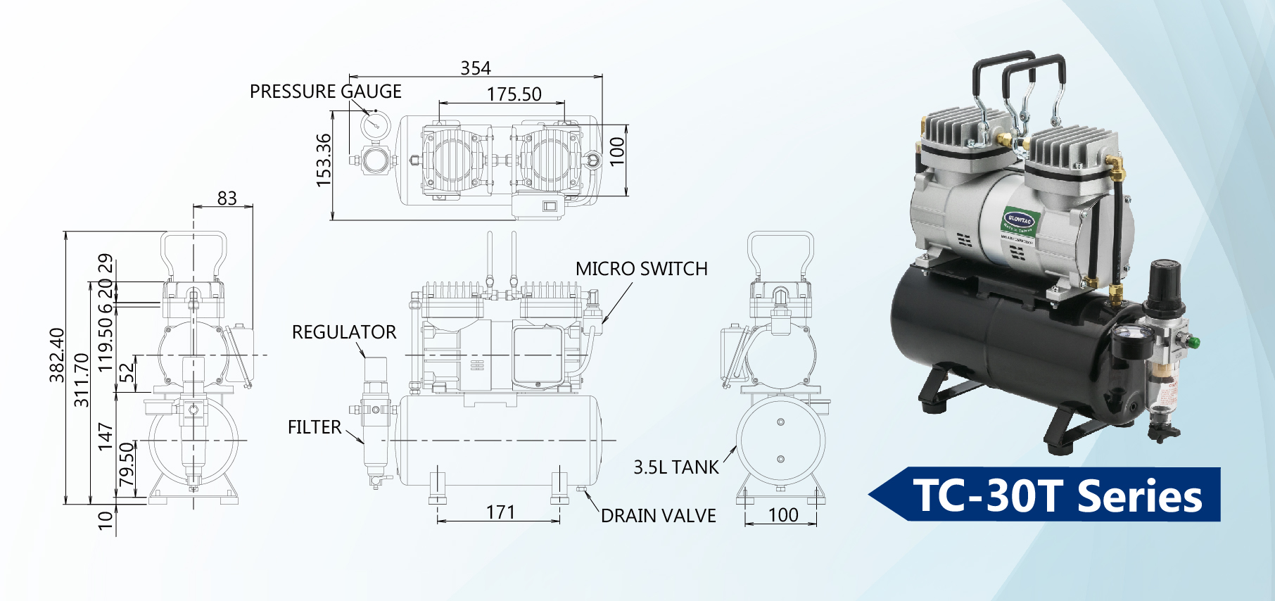 Dimensi Kompresor Udara Mini Seri TC-30T