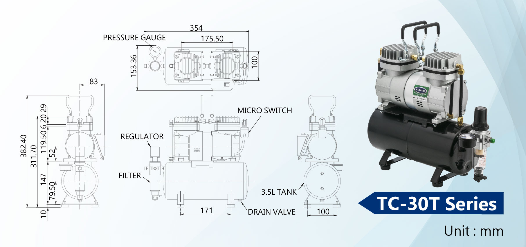 Dimensioni compressori d'aria mini serie TC-30T