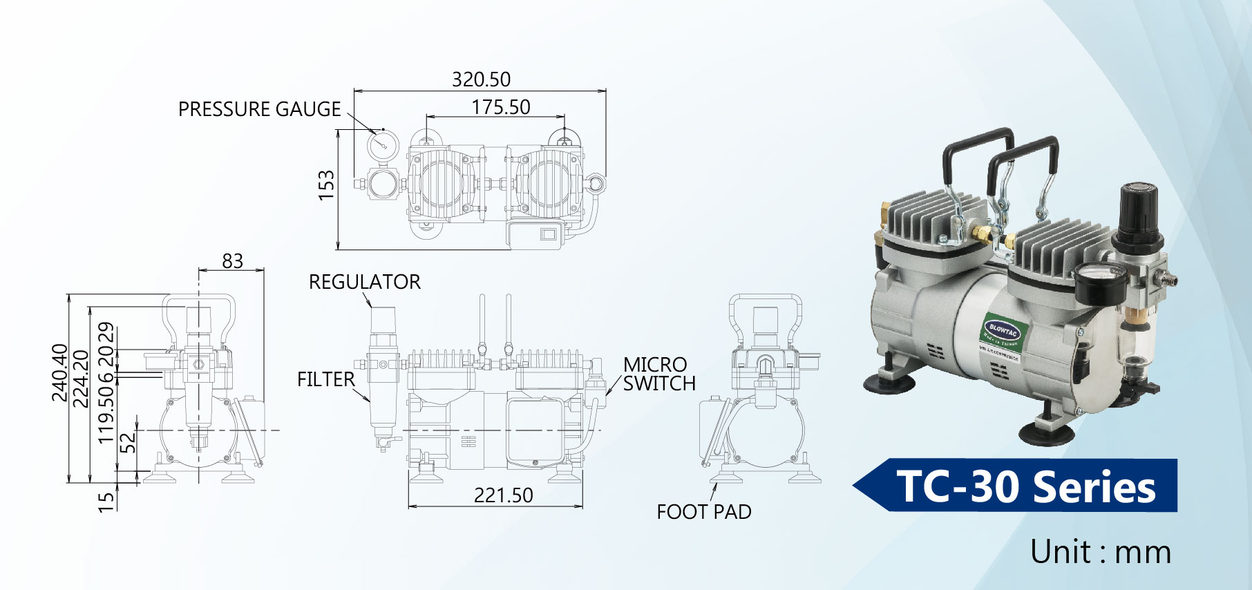 Dimensions des mini-compresseurs d'air de la série TC-30